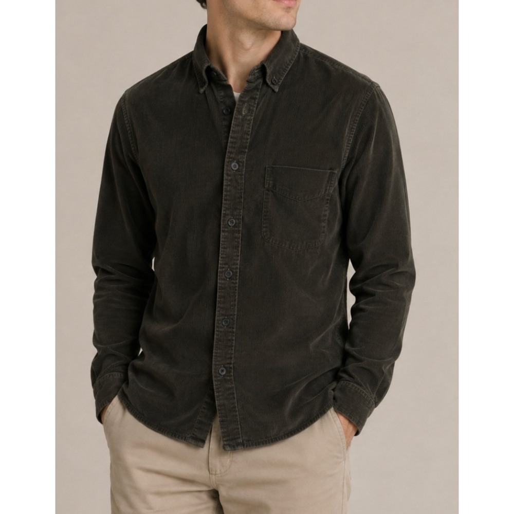 Everlane Men XS Corduroy Button Down Shirt Dark Olive Green Slim Fit Long Sleeve